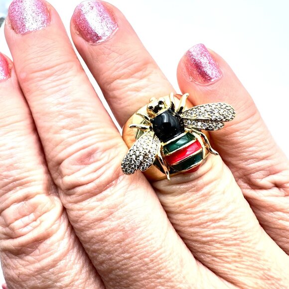 Bee Ring Black Red Green Enamel Clear Crystal 18K Gold Plated Adjustable Size - Picture 3 of 7